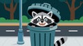 Mischievous raccoon peeking from behind trash can.