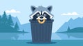 Mischievous raccoon peeking from behind trash can.
