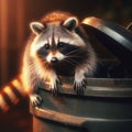 Raccoon leans out of garbage can after rummaging for food