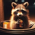 Raccoon leans out of garbage can after rummaging for food