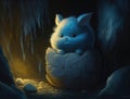 A mischievous Raiju hides under a rock its bright blue fur glowing in the moonlight. Cute creature. AI generation