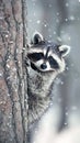 A mischievous snow raccoon hands together peeking from behind a tree with copy space on the right Royalty Free Stock Photo