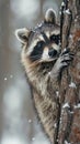 A mischievous snow raccoon hands together peeking from behind a tree with copy space on the right Royalty Free Stock Photo
