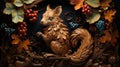 A mischievous squirrel gathering acorns in an oak tree, tile art