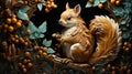 A mischievous squirrel gathering acorns in an oak tree, tile art