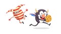 Mischievous striped monster chasing a rolling cookie, vector design Generative AI Royalty Free Stock Photo