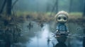 Miserable creepy toy doll standing in wet and muddy swamp - generative ai