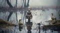 Miserable creepy toy doll standing in wet and muddy swamp - generative ai
