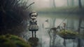 Miserable creepy toy doll standing in wet and muddy swamp - generative ai