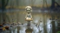 Miserable creepy toy doll standing in wet and muddy swamp - generative ai