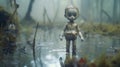 Miserable creepy toy doll standing in wet and muddy swamp - generative ai