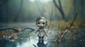 Miserable creepy toy doll standing in wet and muddy swamp - generative ai