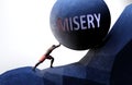 Misery as a problem that makes life harder - symbolized by a person pushing weight with word Misery to show that Misery can be a