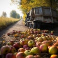 A mishap has occurred on a country lane, where a truck laden with apples has tipped, spilling its cargo onto the road.