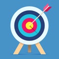 Target icon in flat style on color background. Bullseye business conpept. Arrow in the center aim. Vector design element for you p Royalty Free Stock Photo