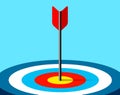 Target icon in flat style on color background. Bullseye business concept. Arrow in the center aim, fragment. Vector design element Royalty Free Stock Photo