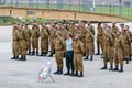 Soldier of the IDF salute at the formation in Engineering Corps Fallen Memorial Monument in Mishmar David, Israel