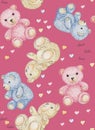 Watercolor sweat three plush teddy bear with hearts pattern. Pink background. Royalty Free Stock Photo