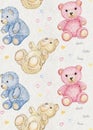 Watercolor sweat three plush teddy bear pattern. Watercolor paper texture on the background. Royalty Free Stock Photo