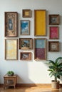Mismatched frames create a colorful wall display, muted, artistic, variety Royalty Free Stock Photo