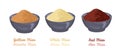 Miso paste in bowls isolated on white background set. White shiro Miso, Yellow shinshu Miso, Red aka Miso.