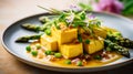 Miso polenta with spring vegetables, asparagus, and tofu, flavorful plant-based masterpiece