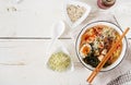 Miso Ramen Asian noodles with cabbage kimchi, seaweed, egg Royalty Free Stock Photo