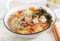 Miso Ramen Asian noodles with cabbage kimchi, seaweed, egg, mushrooms Royalty Free Stock Photo