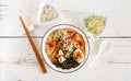 Miso Ramen Asian noodles with cabbage kimchi, seaweed, egg, mushrooms Royalty Free Stock Photo