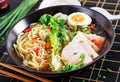 Miso Ramen Asian noodles with egg, pork and pak choi cabbage Royalty Free Stock Photo