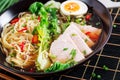 Miso Ramen Asian noodles with egg, pork and pak choi cabbage Royalty Free Stock Photo