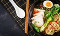 Miso Ramen Asian noodles with egg, pork and pak choi cabbage in bowl Royalty Free Stock Photo