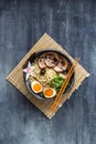 Miso ramen bowl with chasu, egg, daikon, copyspace