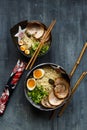 Miso ramen soup with pork, egg and chives Royalty Free Stock Photo