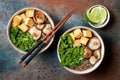 Miso and soba noodles soup with kale, shiitake mushrooms, roasted tofu. Royalty Free Stock Photo