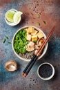 Miso and soba noodles soup with kale, shiitake mushrooms, roasted tofu. Royalty Free Stock Photo