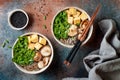 Miso and soba noodles soup with kale, shiitake mushrooms, roasted tofu. Royalty Free Stock Photo