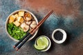 Miso and soba noodles soup with kale, shiitake mushrooms, roasted tofu. Royalty Free Stock Photo