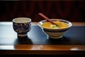 miso soup in asian restaurant setting, dim lighting, tableware Royalty Free Stock Photo