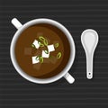 Miso soup bowl with tofu cheese and chives green onion healthy diet meal on plate. Vector illustration. Simple flat stock image.