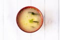 Miso soup is a Japanese soup prepared from a dashi broth