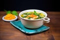 miso soup with shrimp and watercress, bright lighting