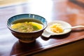 miso soup with a side of soy sauce and wasabi paste Royalty Free Stock Photo