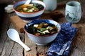 Miso soup with tofu cheese, seaweed, miso pasta and dasi. Japanese food. Royalty Free Stock Photo