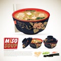 miso soup in traditional japanese bowl set. ingredients. logotype - vector