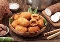 Misro is a typical snack in West Java made from grated cassava with brown sugar filling Royalty Free Stock Photo