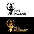 Miss lady pageant logo sign with Gold and black woman wear Crown sit on the moonn and star vector design Royalty Free Stock Photo