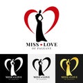 Miss love of pageant logo sign with woman wear crown and line heart around vector design