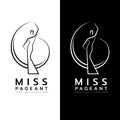 Miss pageant logo with abstract line Beauty queen wear dress and Raise hand waving sign vector design