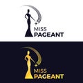 Miss pageant logo - black and gold The beauty queen pageant wearing a crown and holding a floating star vector design